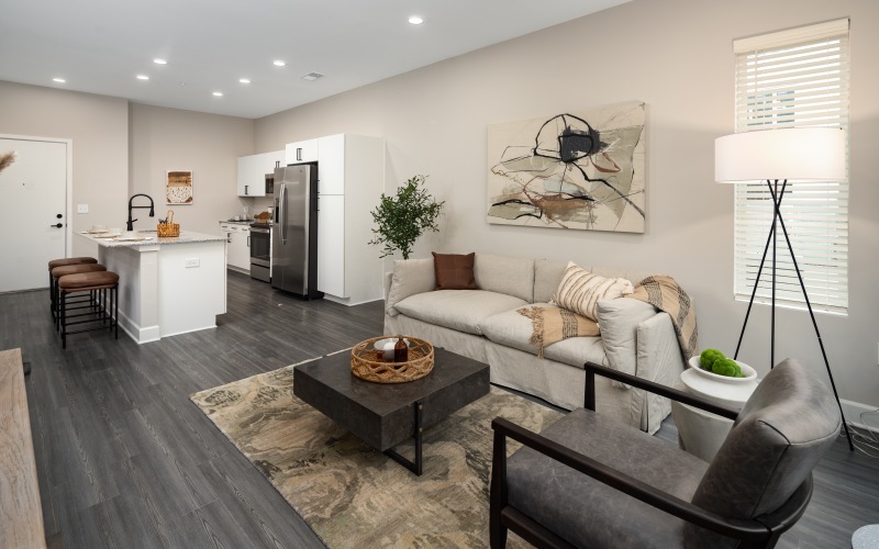 a living room with a couch and a coffee table